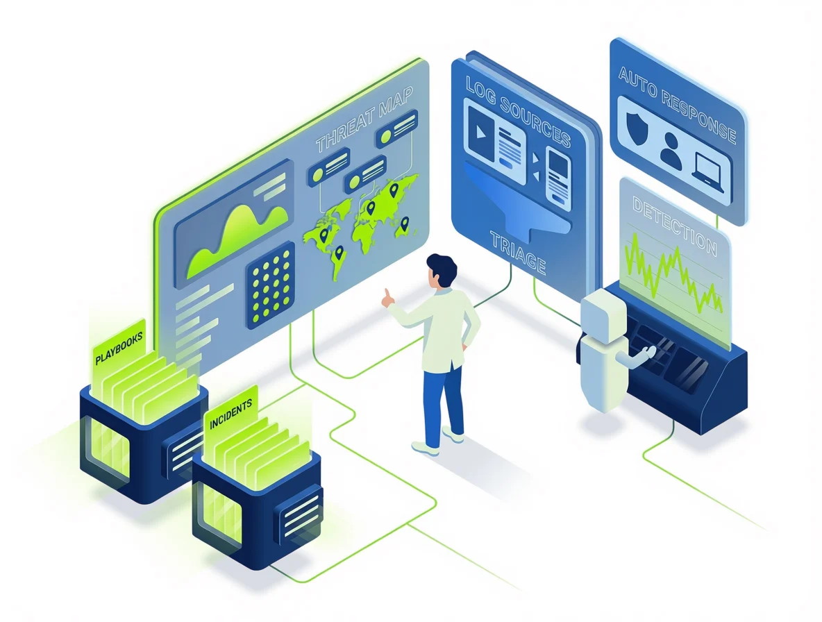 Isometric illustration of a security operations centre: displays showing a threat map and detection signal, log sources funnelling through triage into automated response, and playbooks and incident records filed alongside.